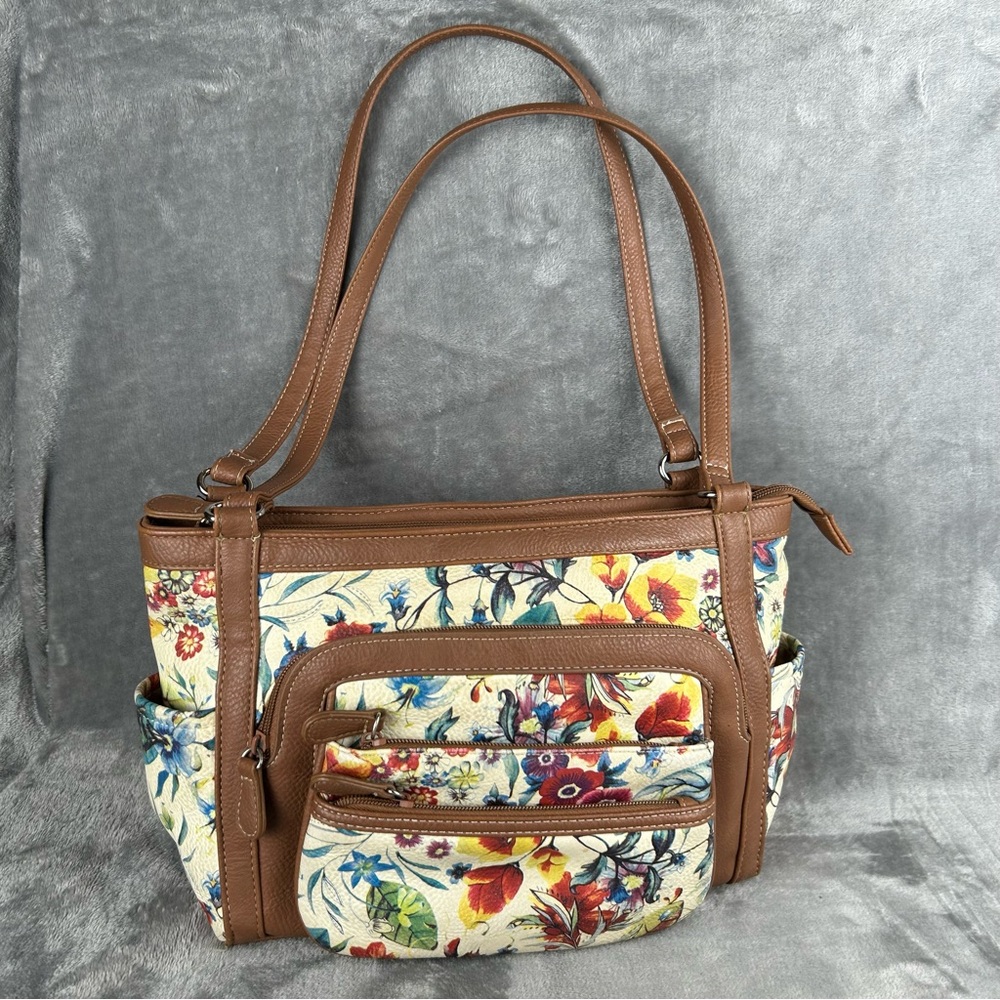 Floral Pattern Organizer Purse Shoulder‎ Bag Pockets Flower Faux Leather Cute